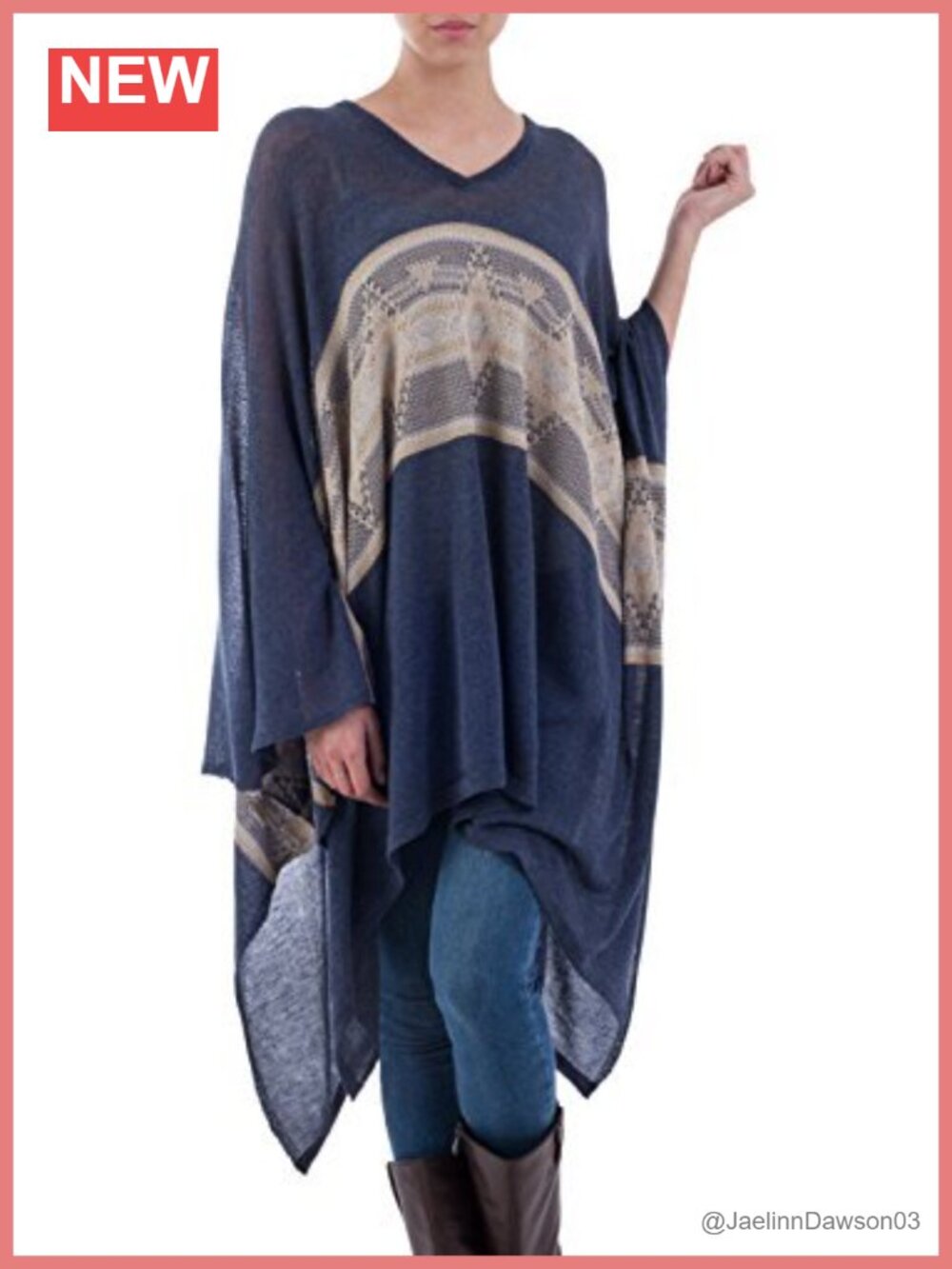 NOVICA Artisan Handmade Cotton Blend Poncho Woven Navy Blue Patterned